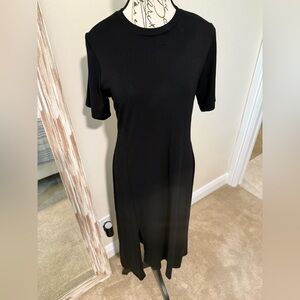 Karen Kabe Black Midi Dress with front high low spilt.